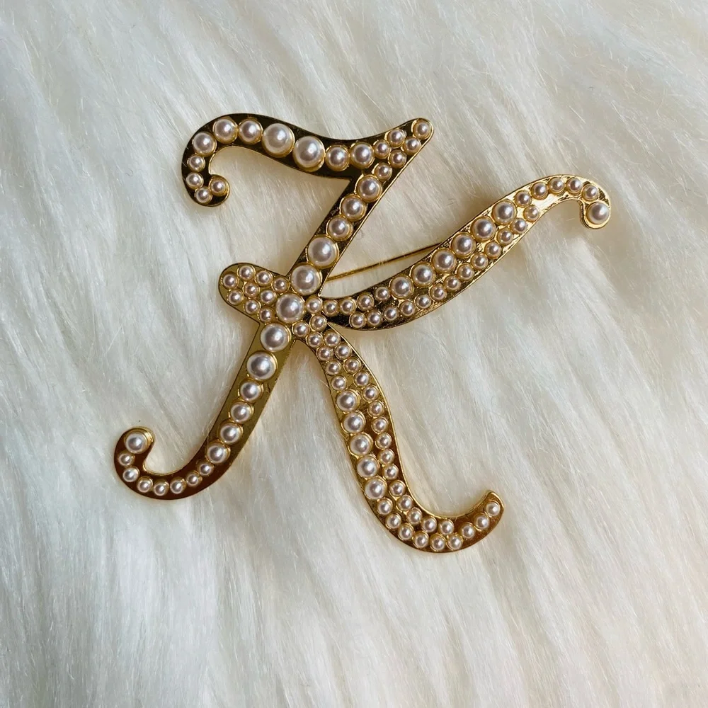 Letter K Initial Letter Pin Brooch with White Pearl Accents New